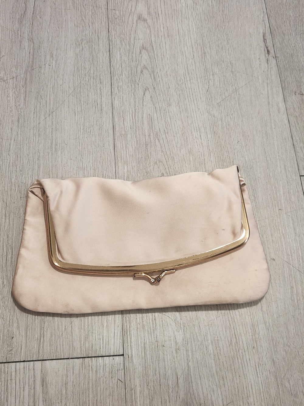 Vintage 50s Budd Leather Champagne Satin Kiss Lock Evening Clutch Bag